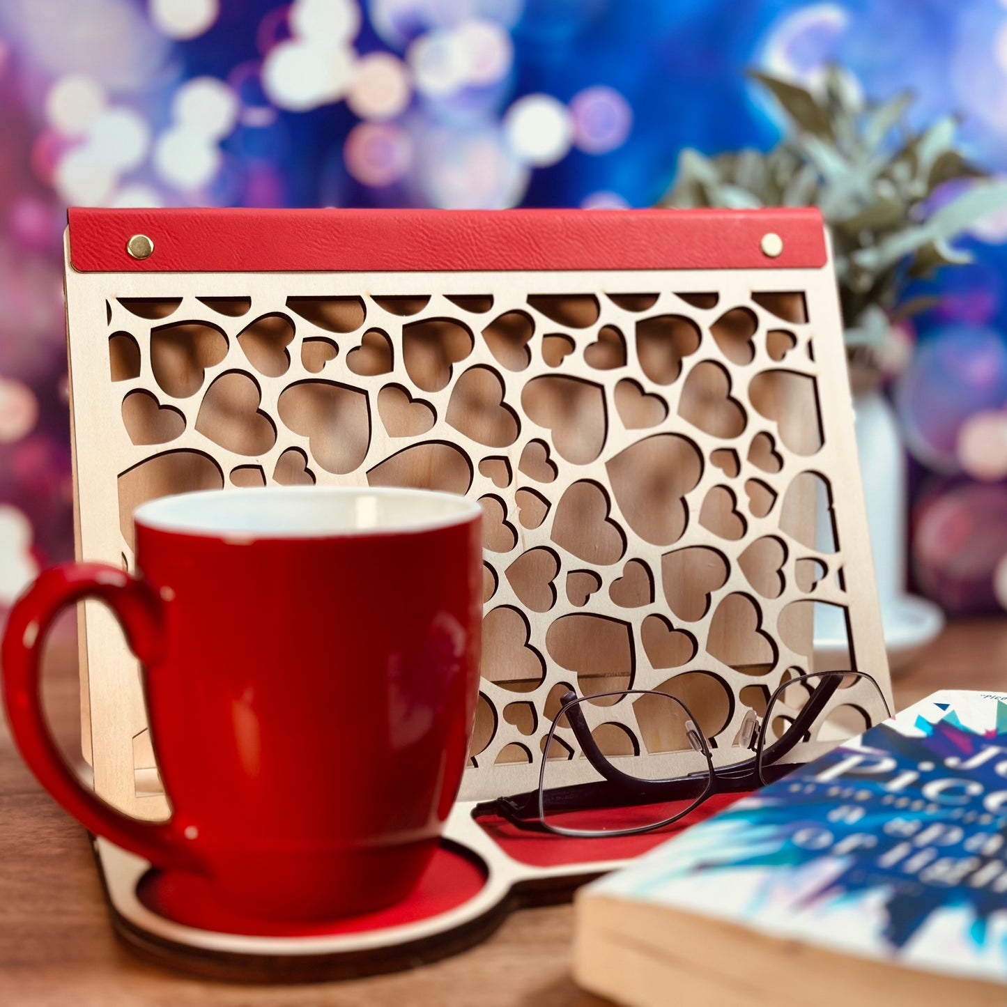 Large Hearts Book Rest and Page Holder - Valentine’s Edition Wooden Book Valet