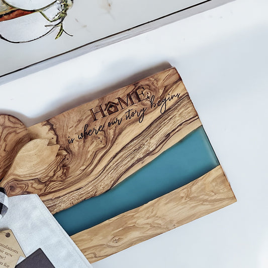 Olive Wood Cutting Board with River of Blue Resin
