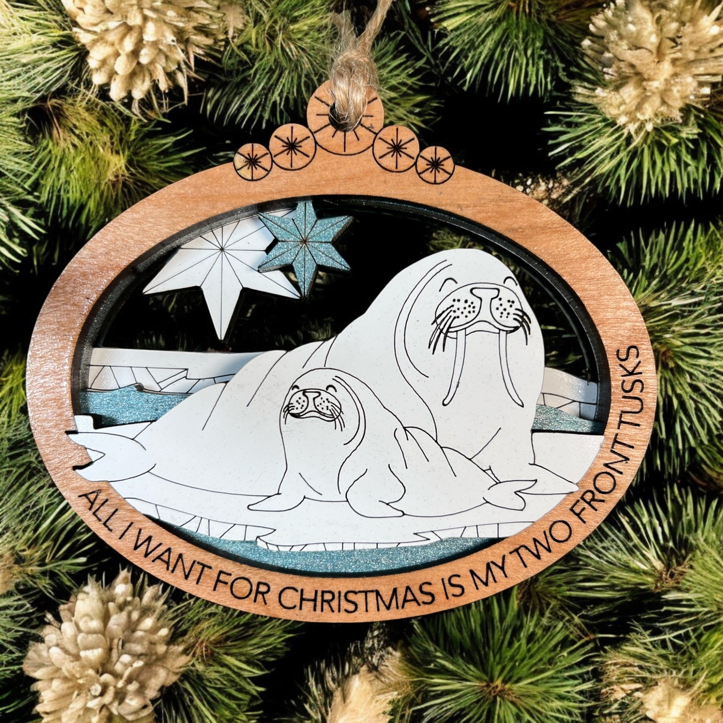 Hand-painted Arctic animal wooden ornament with Walrus design