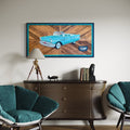 Handcrafted layered wood wall art of a 1957 Chevy Bel Air in turquoise and chrome tones.