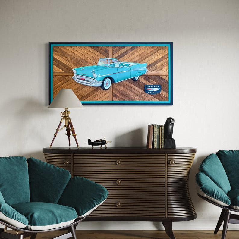 Handcrafted layered wood wall art of a 1957 Chevy Bel Air in turquoise and chrome tones.