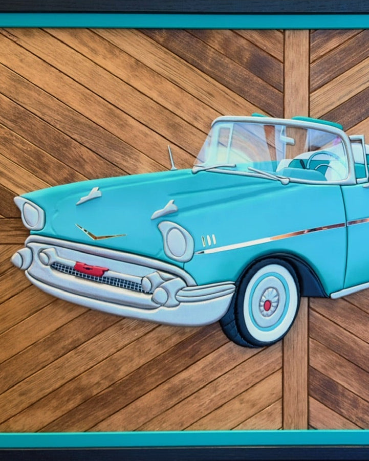 1957 Chevrolet Bel Air artwork constructed with layered wood and acrylic accents