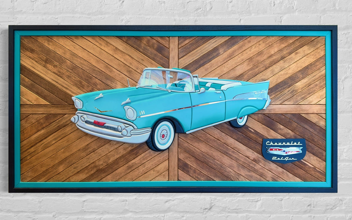 Dimensional turquoise 1957 Chevrolet Bel Air artwork constructed with layered wood and hand-finished details