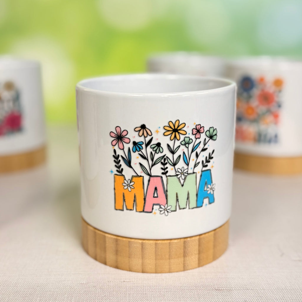 Floral Mom Planters with Bamboo Base – Cute Gifts for Moms