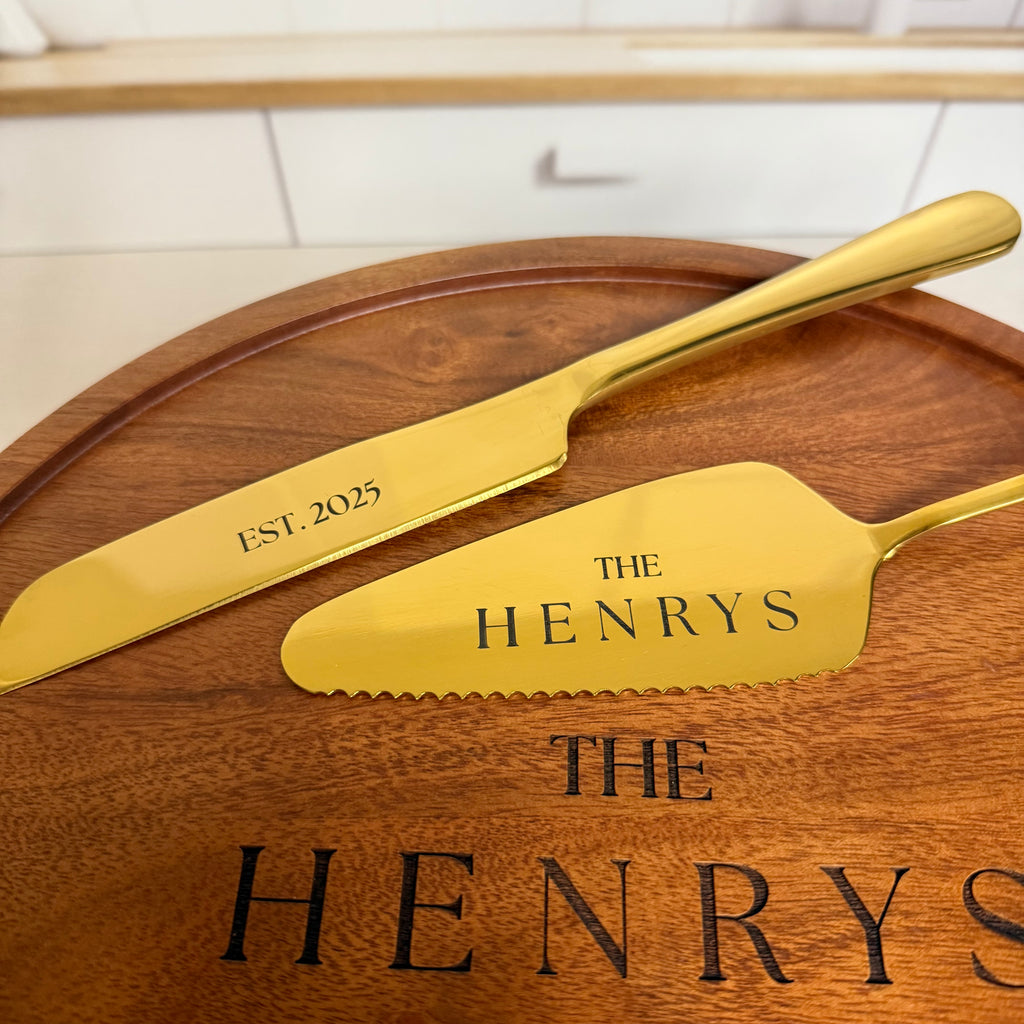 Custom Engraved Wedding Cake Server Set – Gold or Silver Finish
