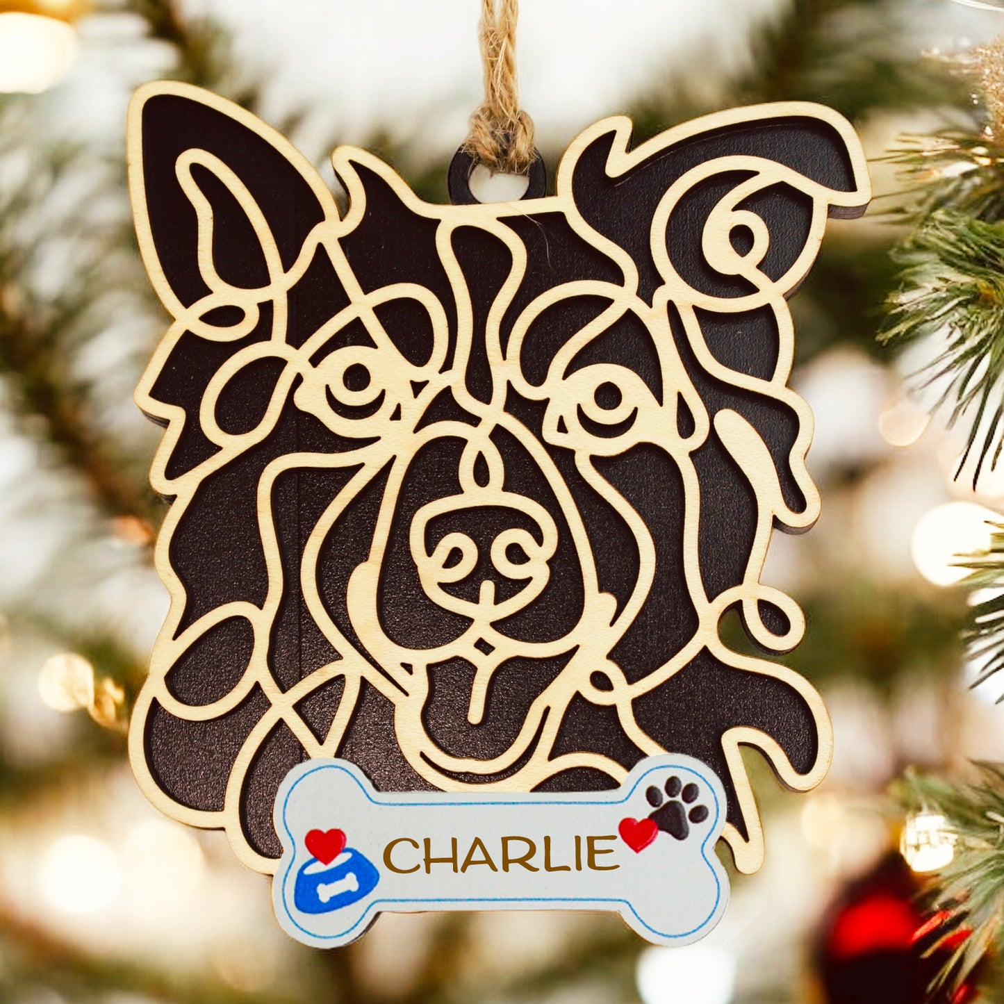 Border Collie wood dog ornament personalized with pet name