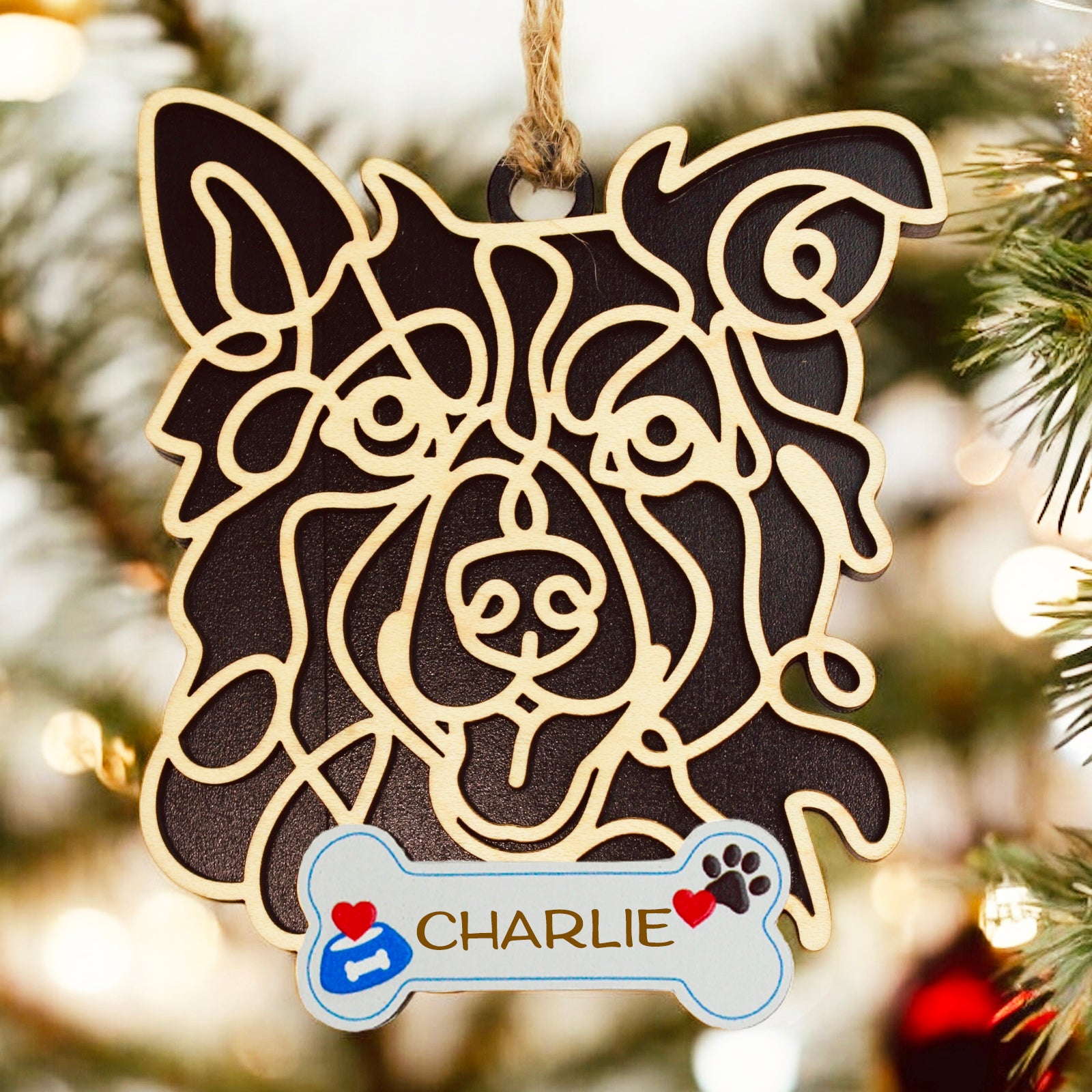 Border Collie wood dog ornament personalized with pet name