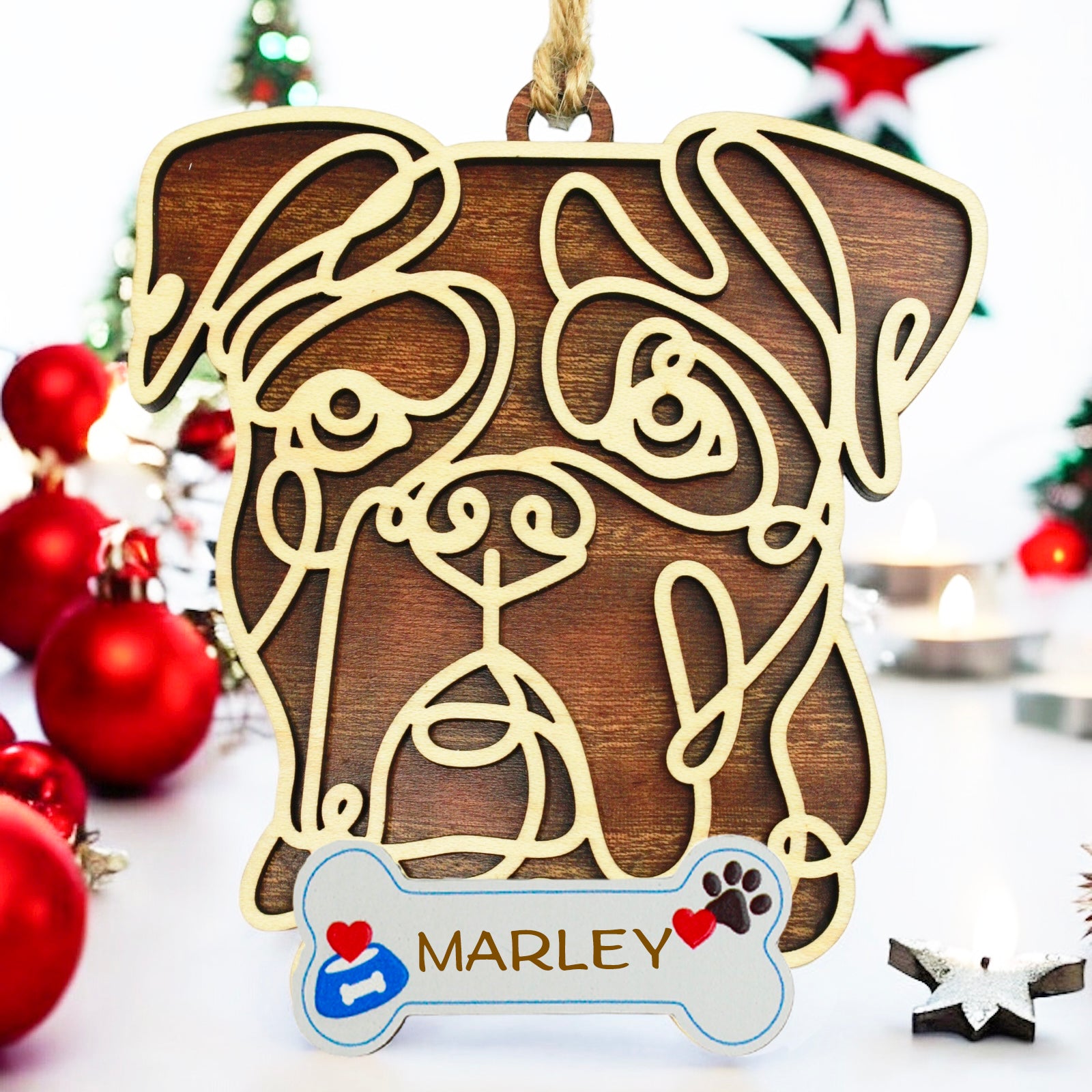 Boxer wood dog ornament personalized with pet name