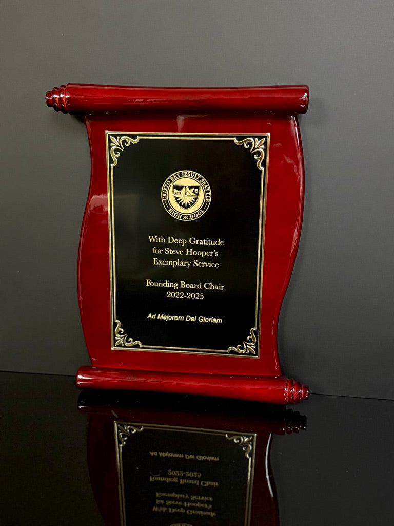 Elegant cherry scroll-style recognition plaque with engraved gold plate