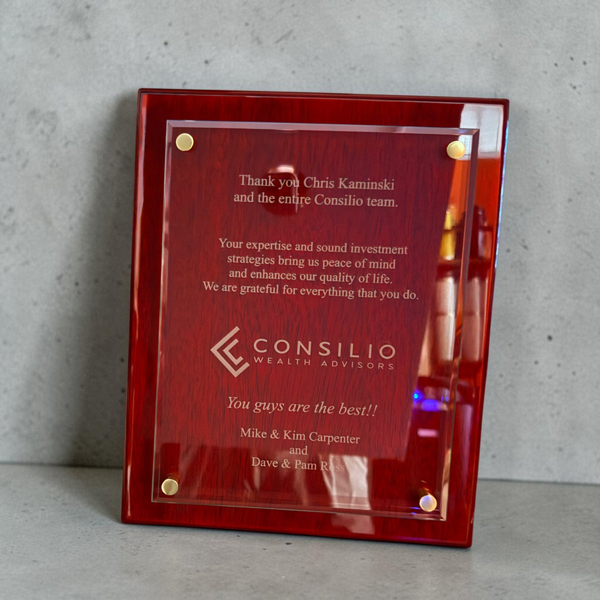 Cherry finish wood appreciation plaque with engraved message and company logo