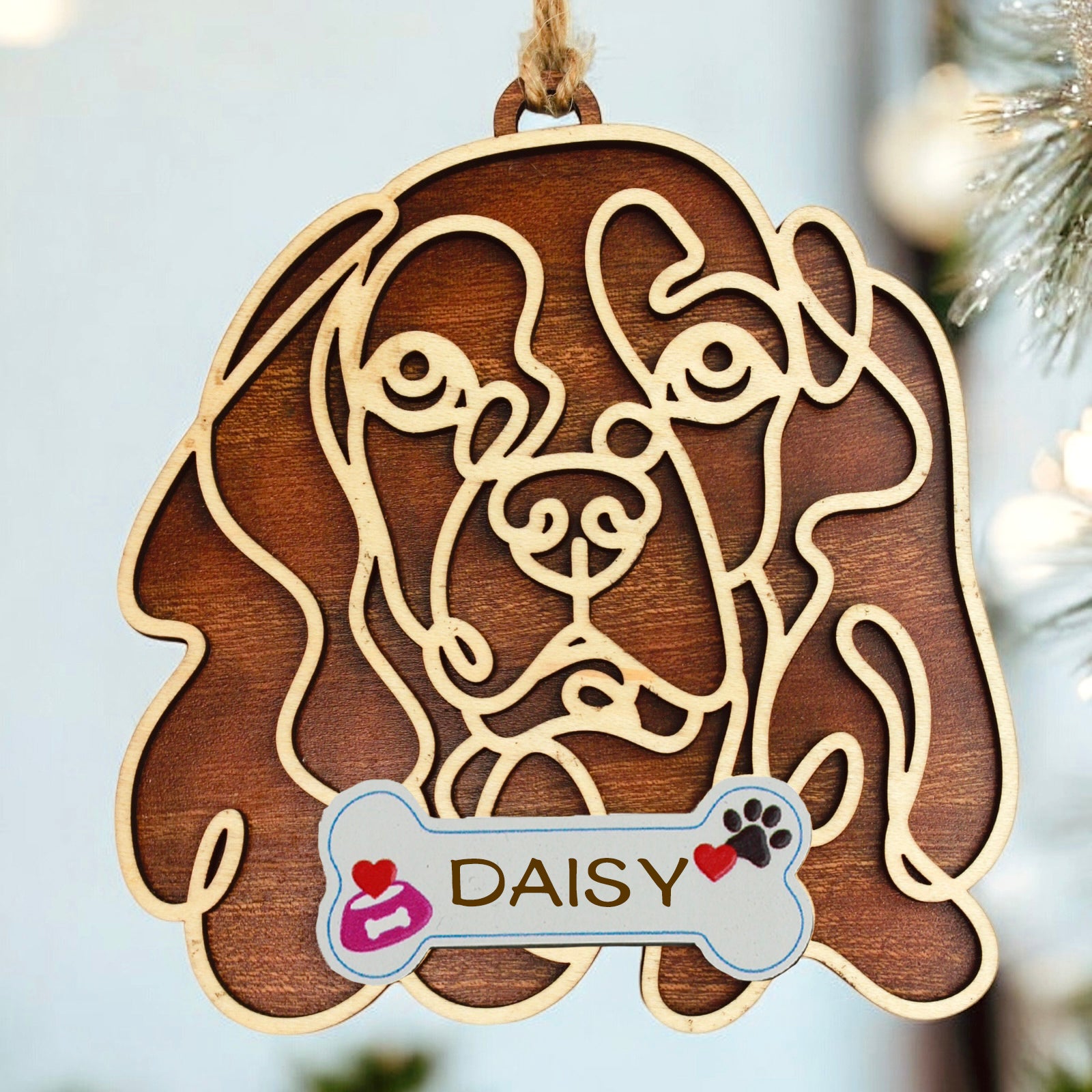Cocker Spaniel Wooden dog ornament with line-art design