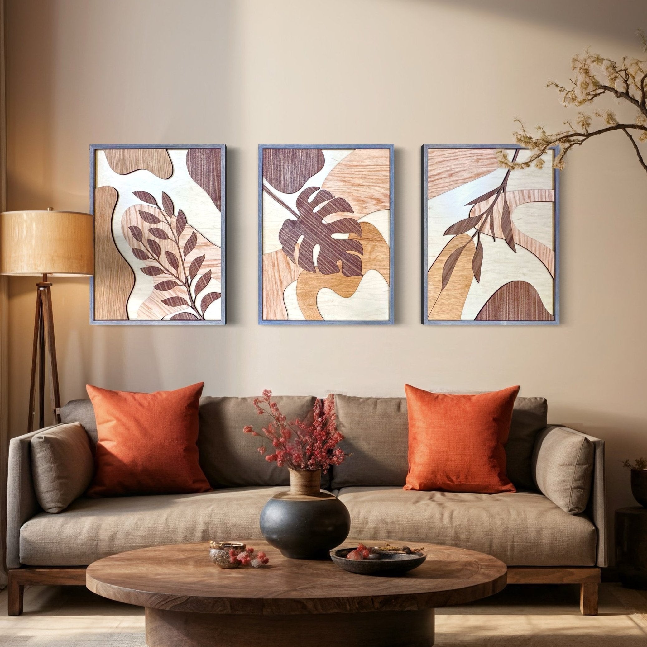 Custom designed wood wall art panels displayed in a living room, showcasing original artwork created for home and commercial spaces.