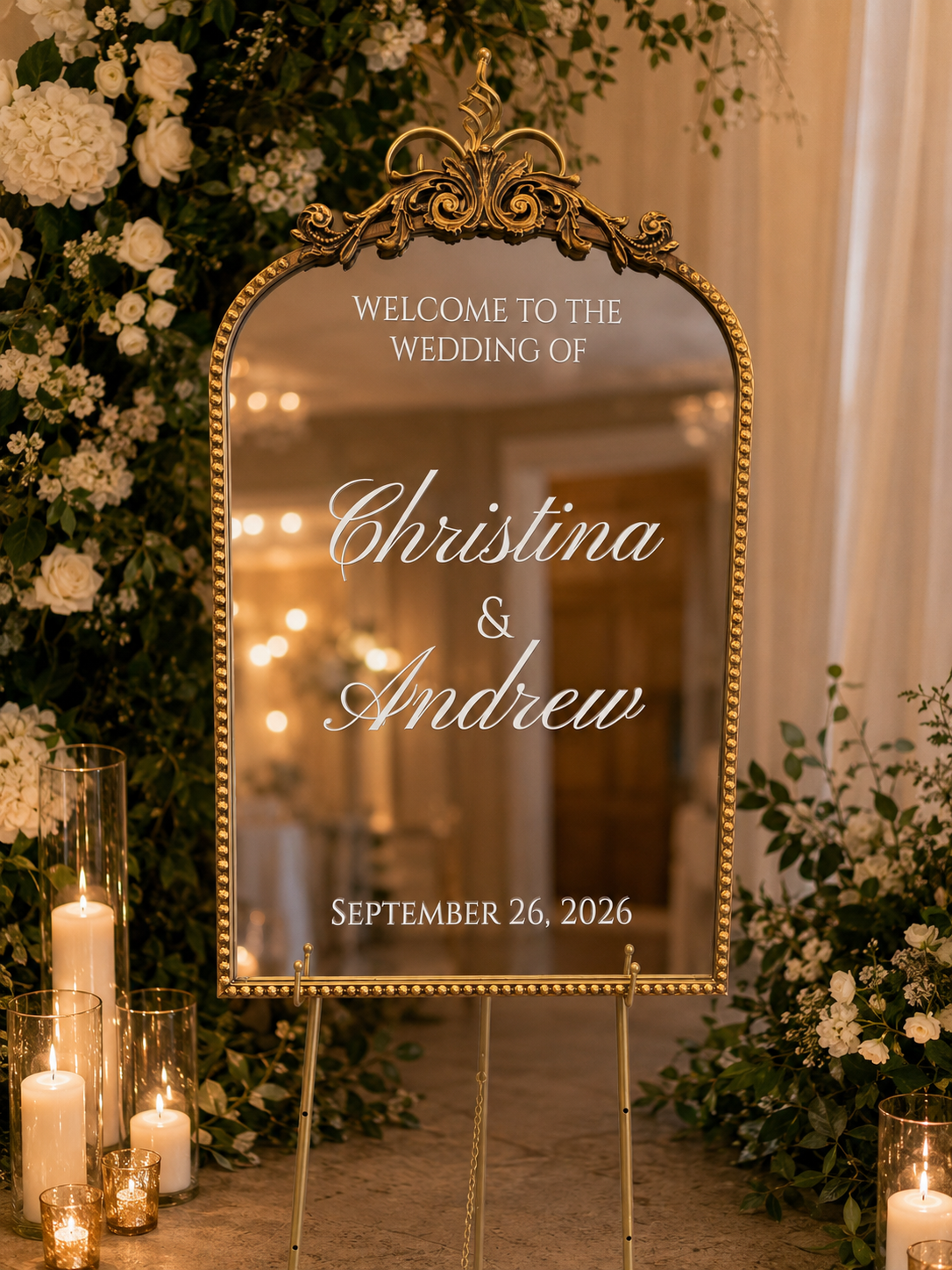 Decorative etched mirror wedding welcome sign 