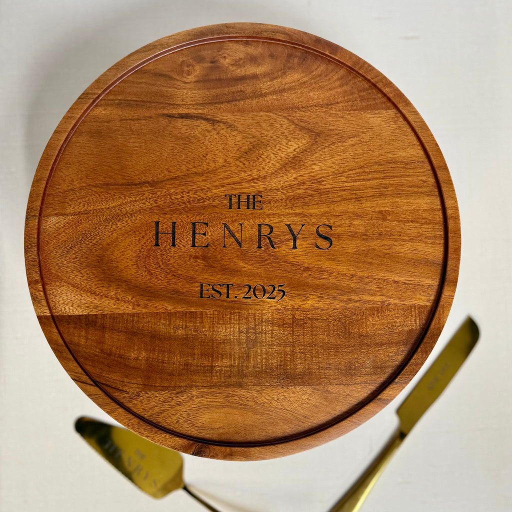 Personalized Wood Cake Stand – Custom Engraved Pedestal Platter