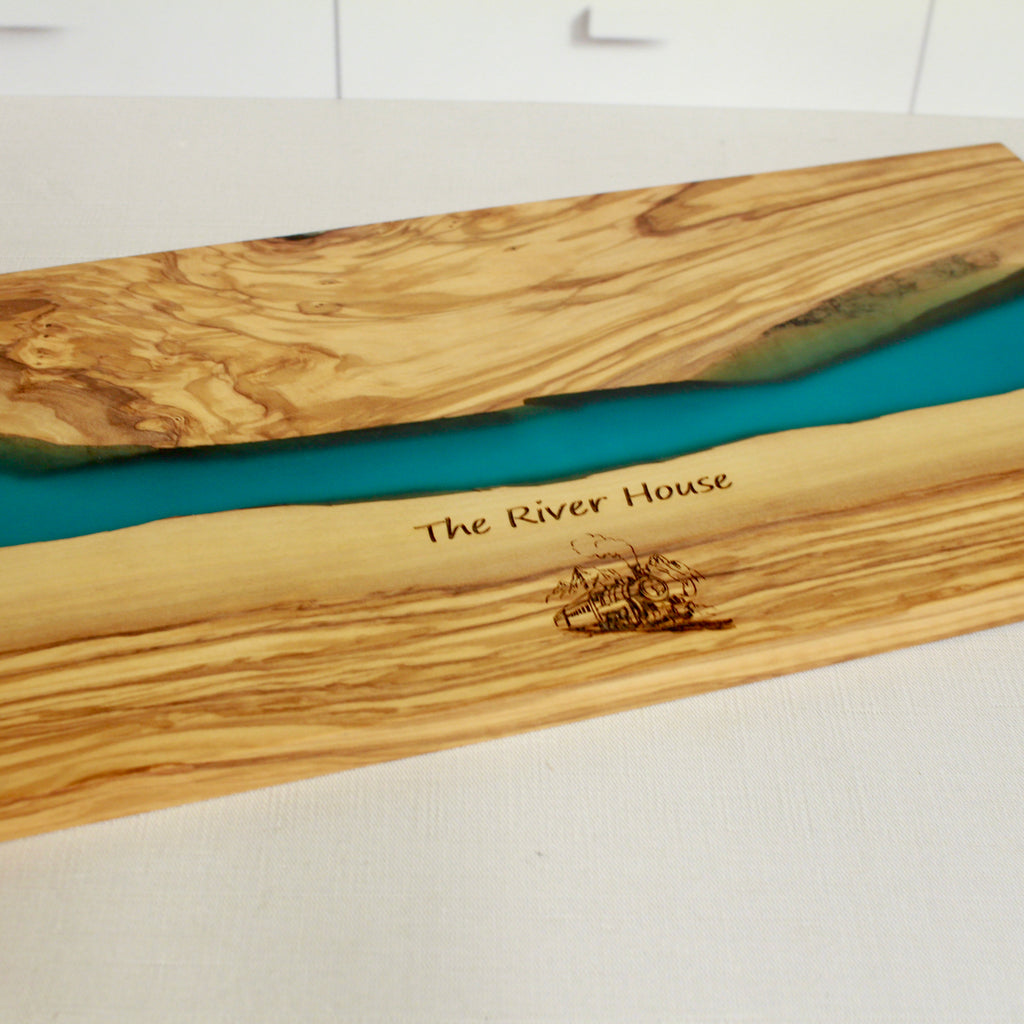 Olive Wood Cutting Board with River of Blue Resin