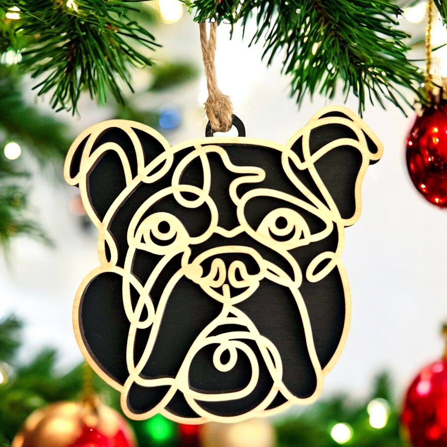 English Bulldog Wooden dog ornament with line-art design
