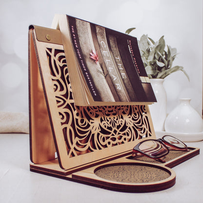 Book Rest and Page Holder - Wooden Book Valet Tray