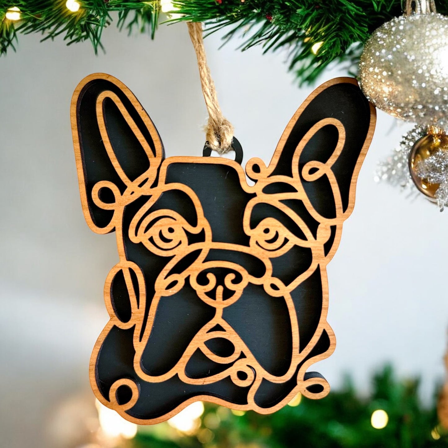 French Bulldog Wooden dog ornament with line-art design