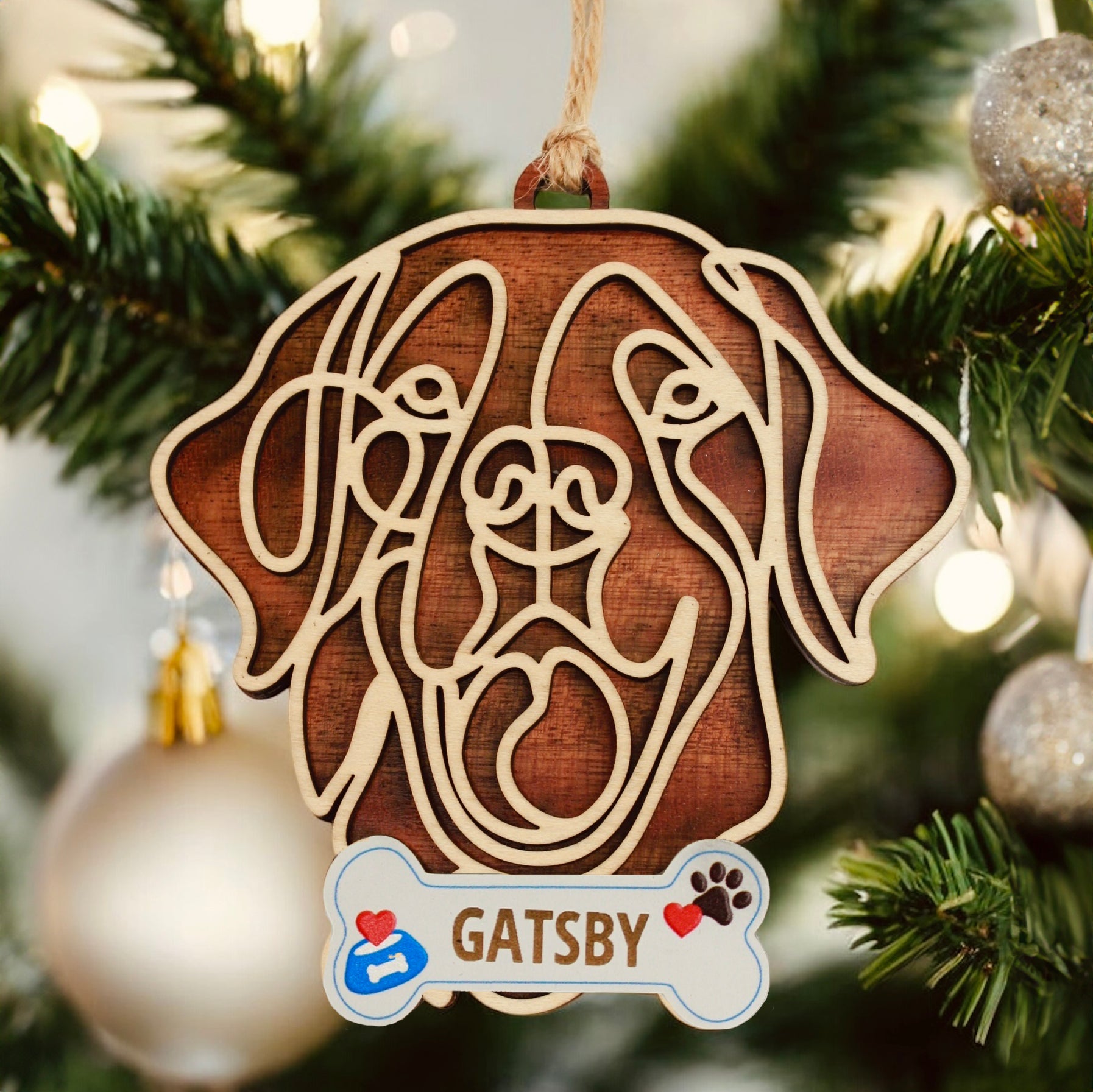 Golden Retriever Wooden dog ornament with line-art design