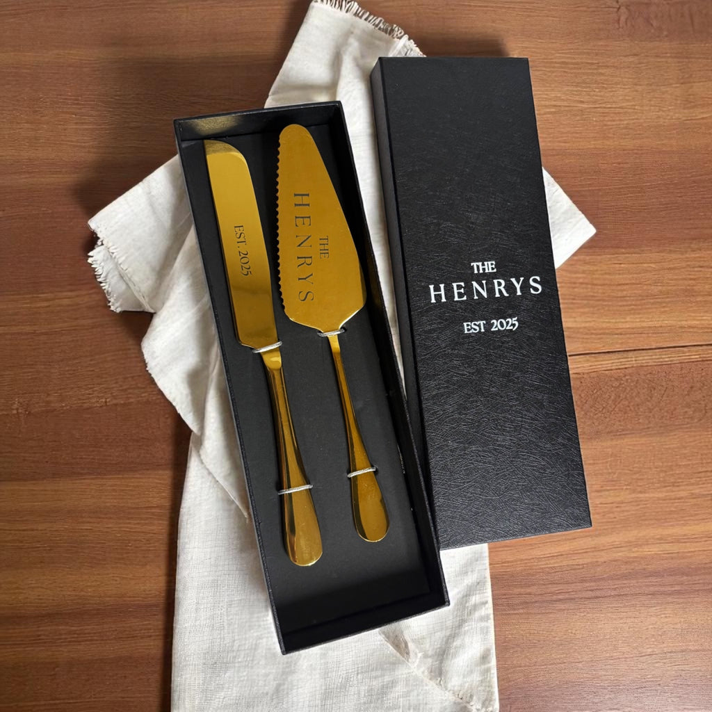 Custom Engraved Wedding Cake Server Set – Gold or Silver Finish