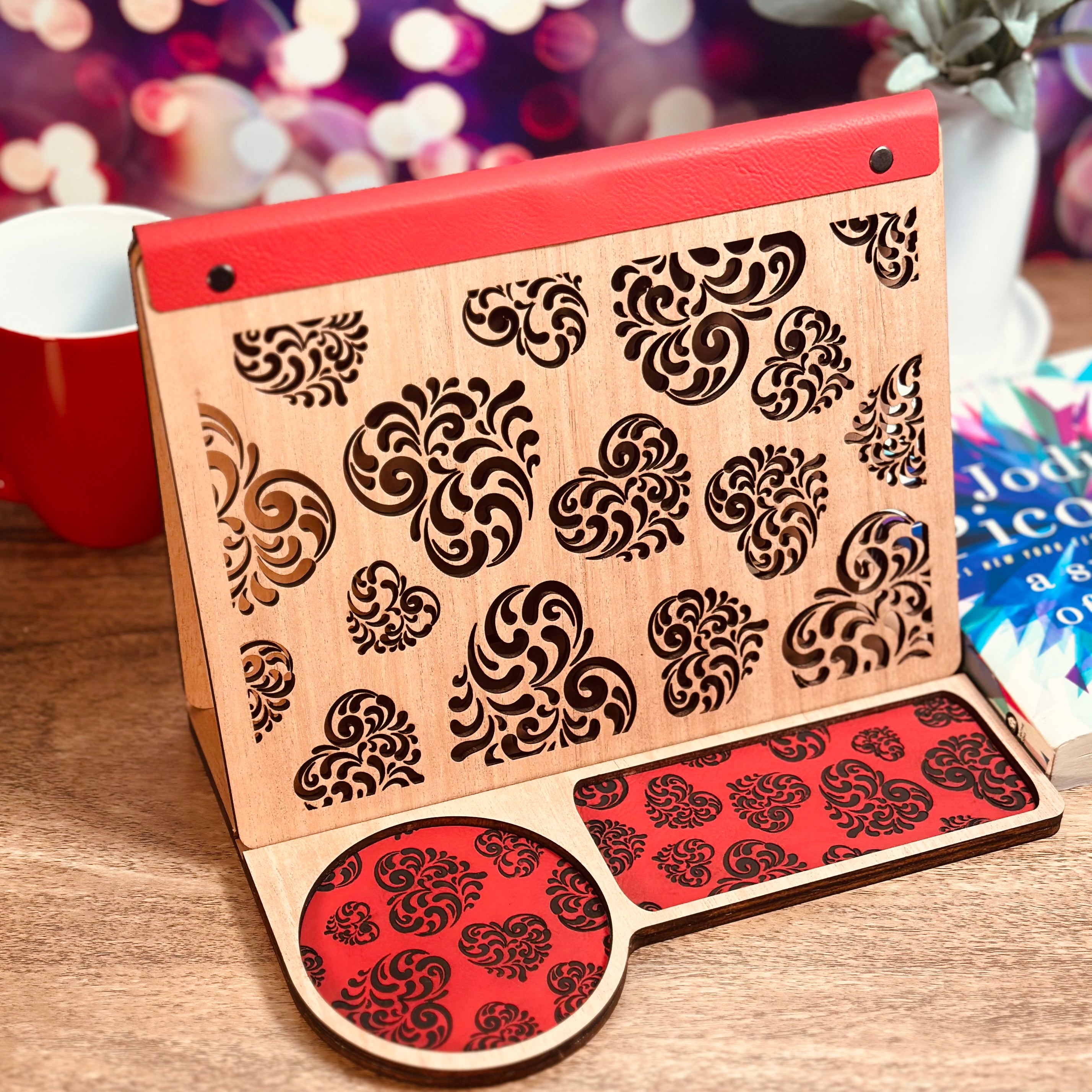 Book Rest and Page Holder - Heart Swirls Valentine’s Edition Wooden Book Valet