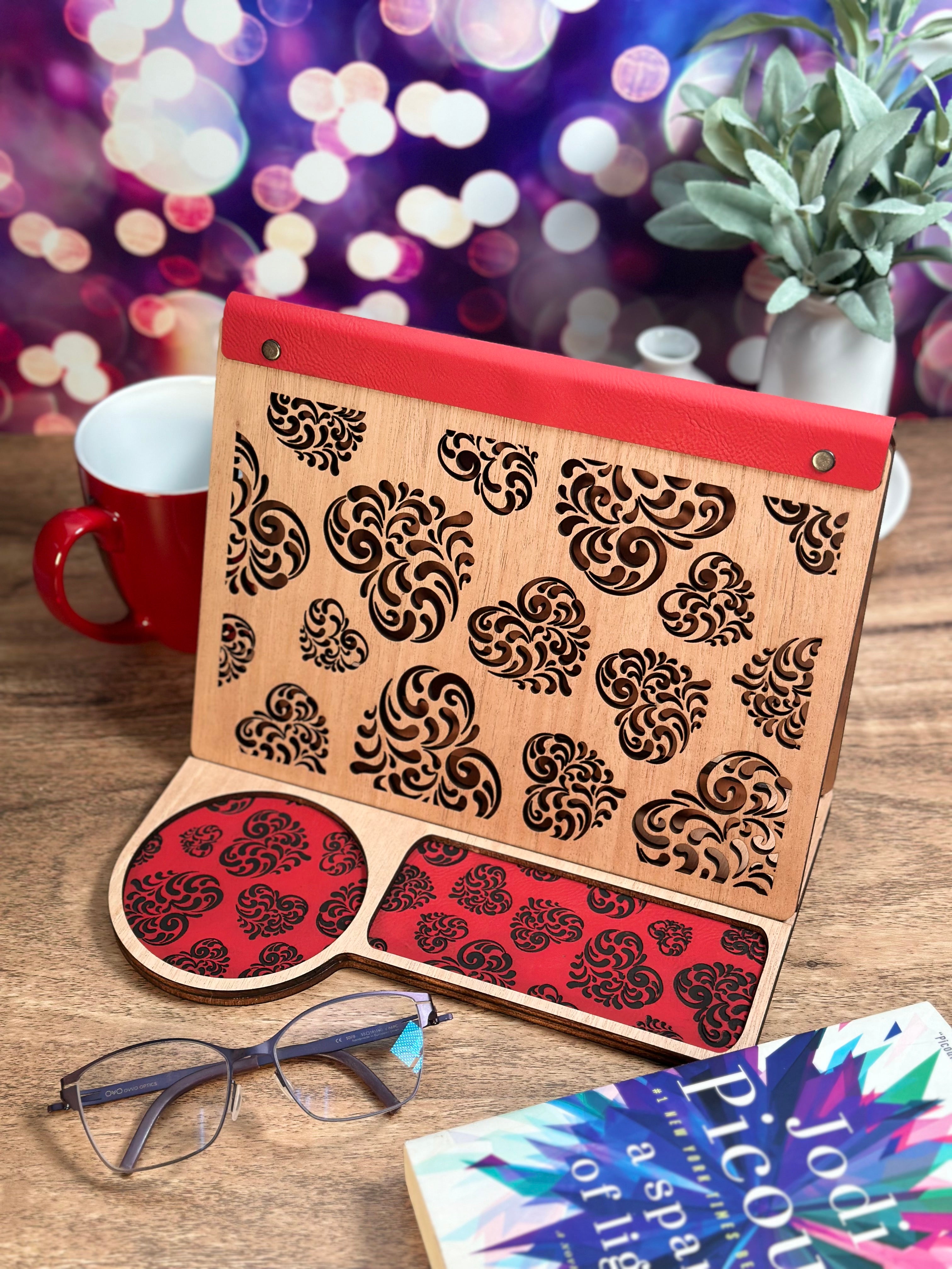 Book Rest and Page Holder - Heart Swirls Valentine’s Edition Wooden Book Valet