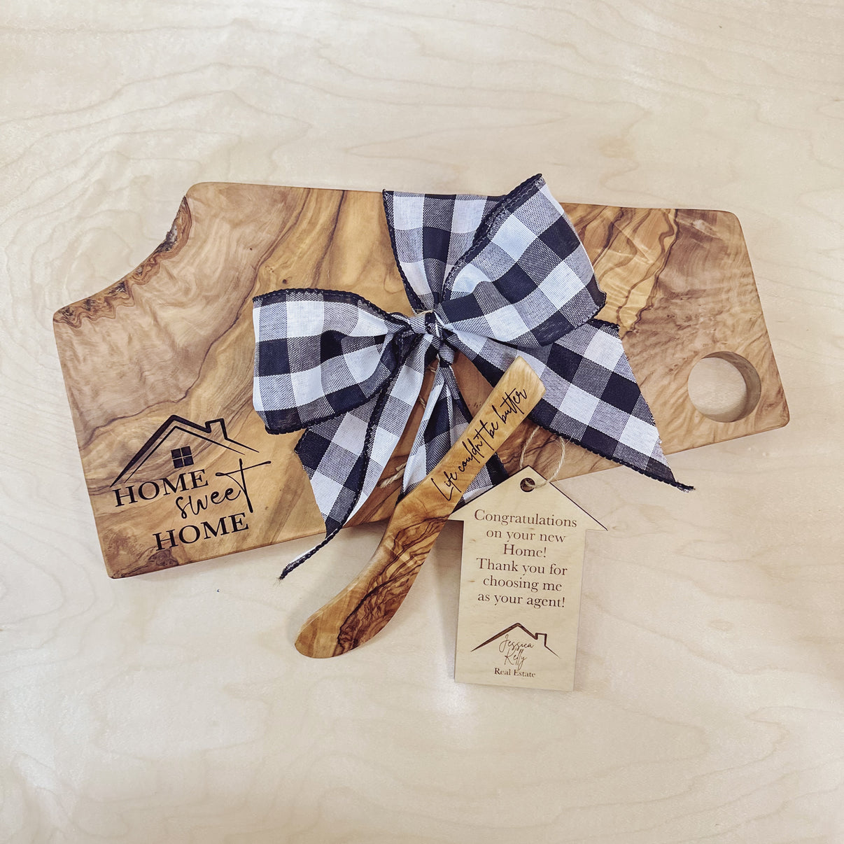 Live Edge Small Olive Wood Board Gift Set Foxwood Engraving