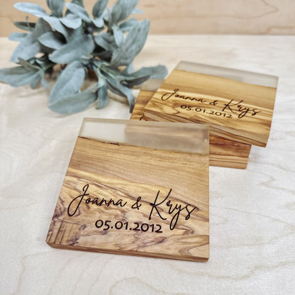 OLIVE WOOD SQUARE COASTERS WITH CLEAR RESIN