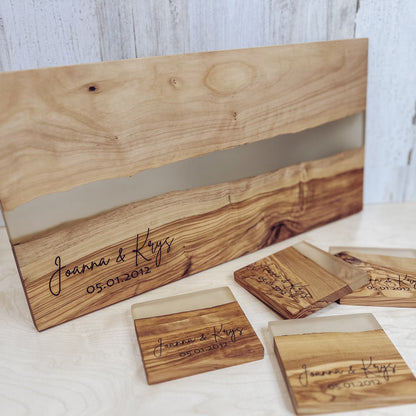 OLIVE WOOD CUTTING BOARD WITH RIVER OF CLEAR RESIN