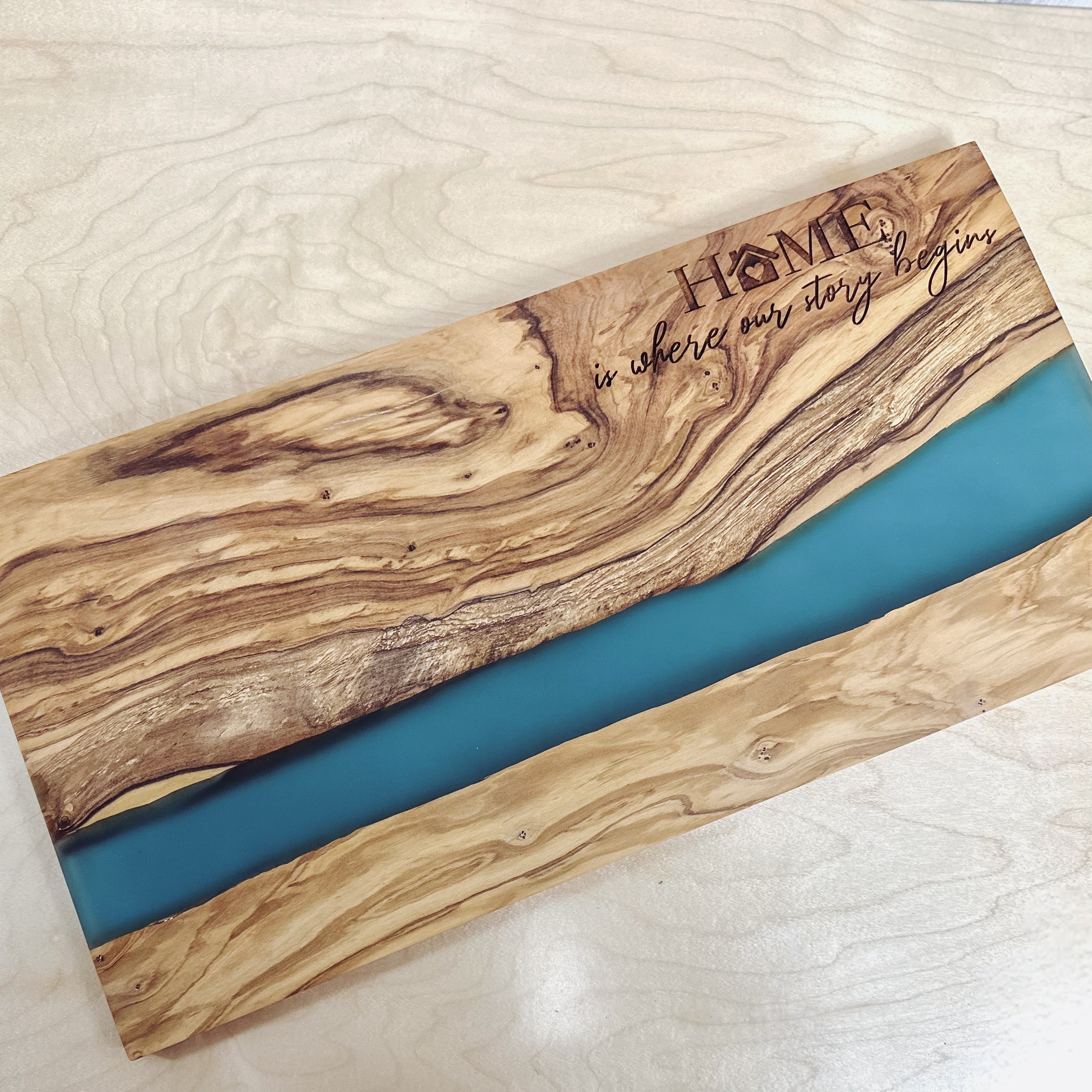 Olive Wood Cutting Board with River of Blue Resin