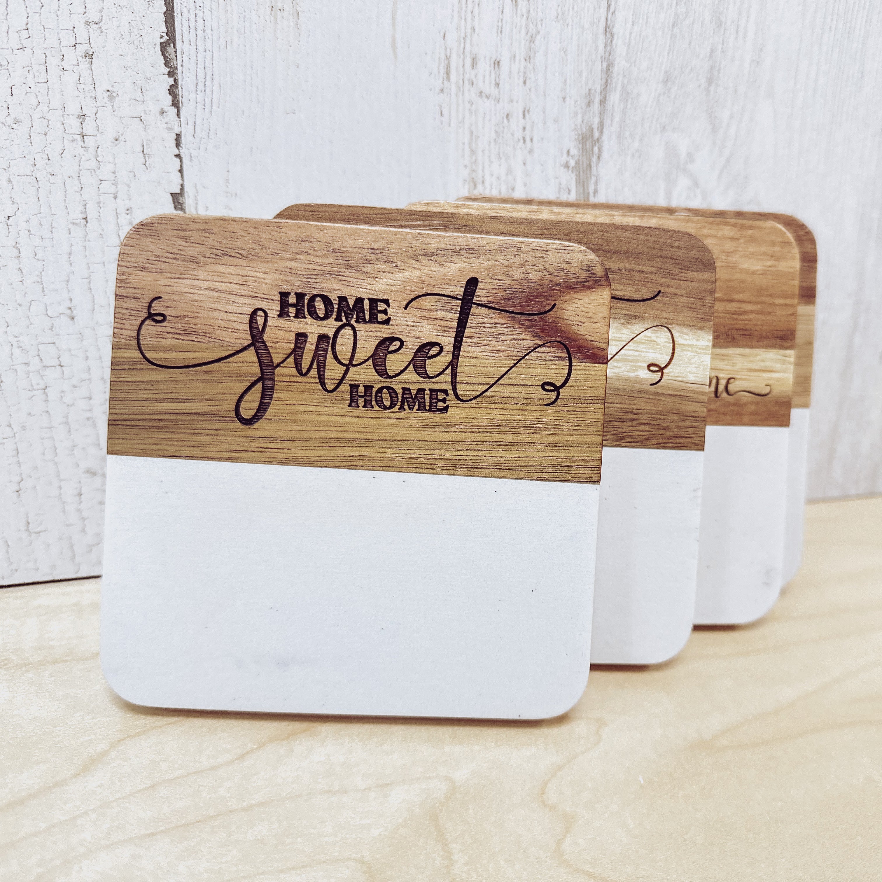 Custom Acacia and Marble Coasters Set of 4