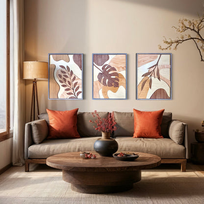 Layered Wood Botanical Wall Art Trio – Handcrafted Nature-Inspired Panels