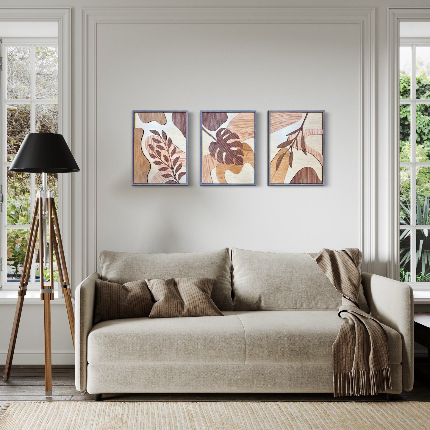Layered Wood Botanical Wall Art Trio – Handcrafted Nature-Inspired Panels