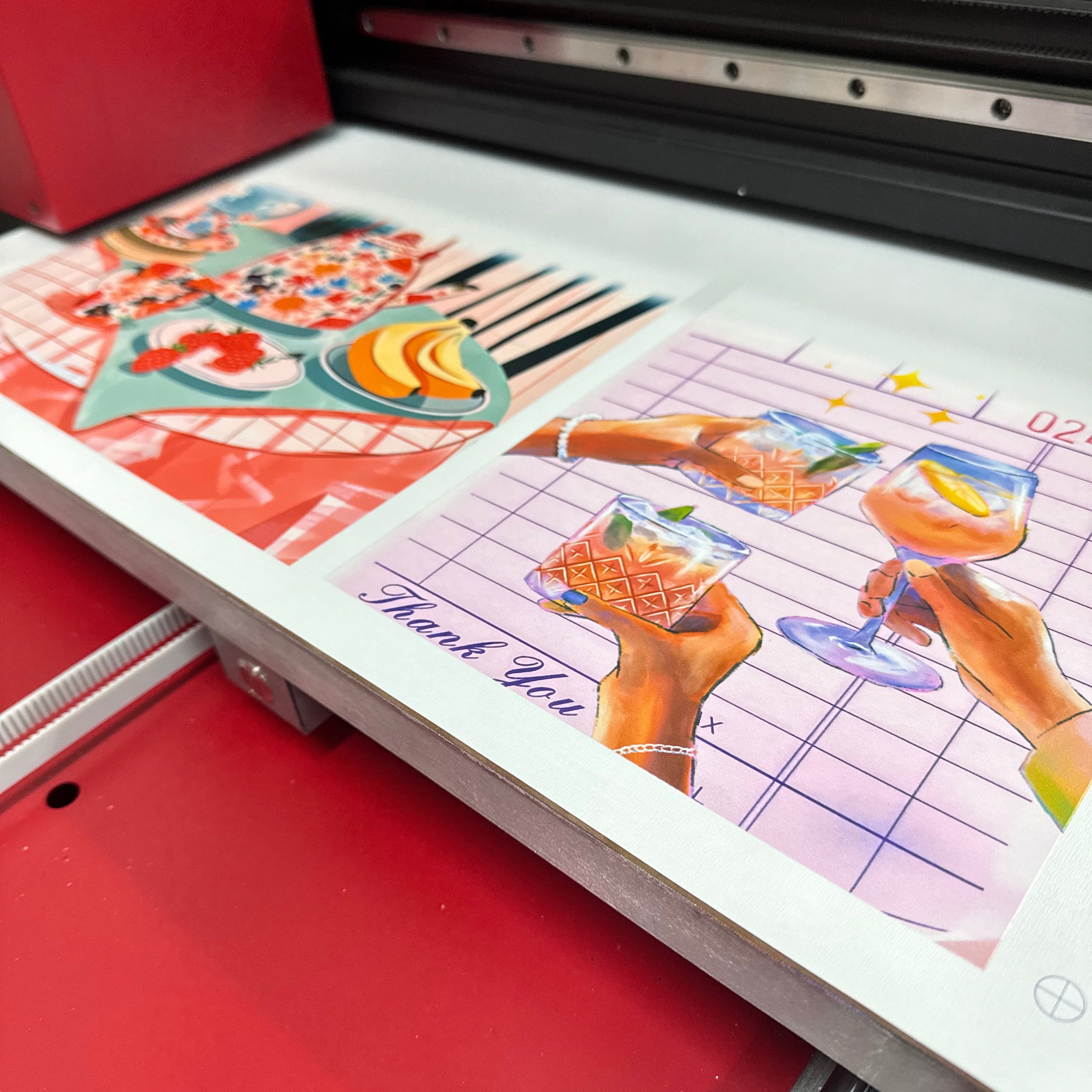 UV printer applying full-color artwork to wood, demonstrating precision UV printing for custom décor, signage, and branded products.
