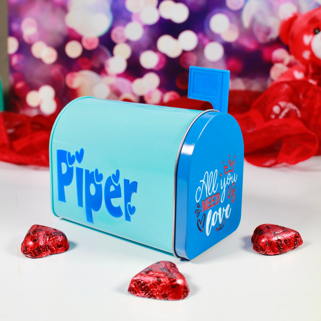 Personalized Valentines Tin Mailbox for Kids, Custom Name Tin Treat Holder