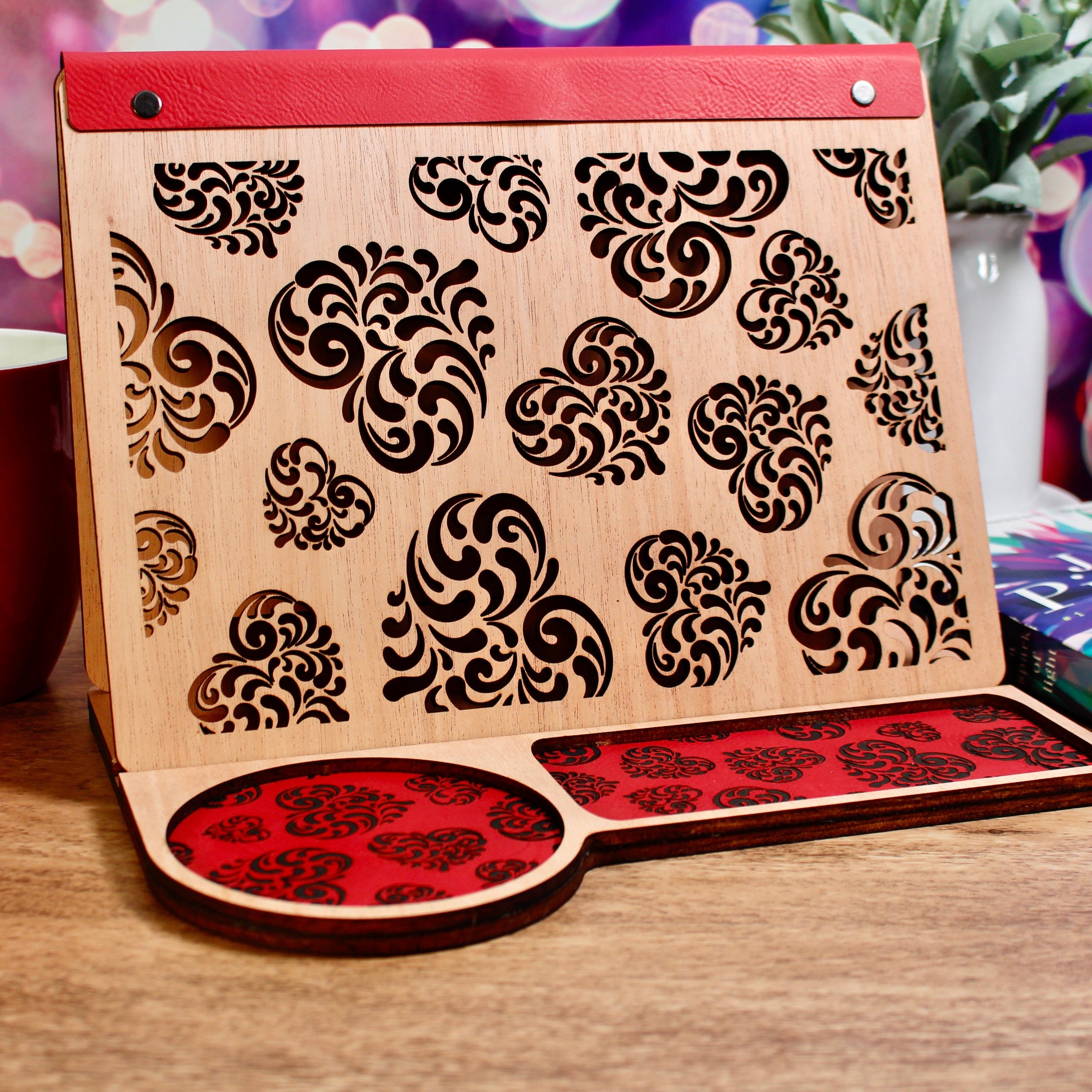 Book Rest and Page Holder - Heart Swirls Valentine’s Edition Wooden Book Valet