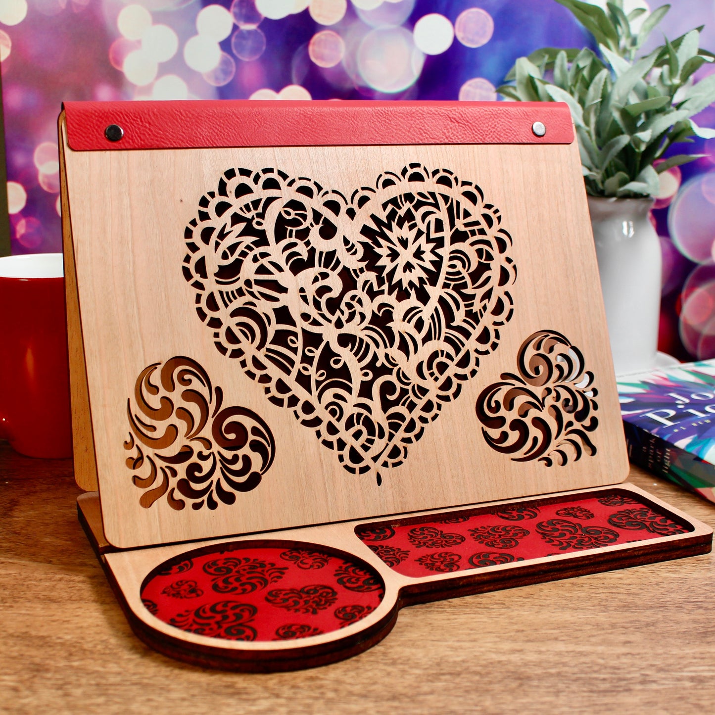 Book Rest and Page Holder - Wooden Book Valet with Hearts