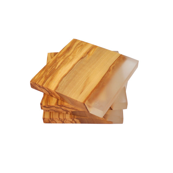 OLIVE WOOD SQUARE COASTERS WITH CLEAR RESIN