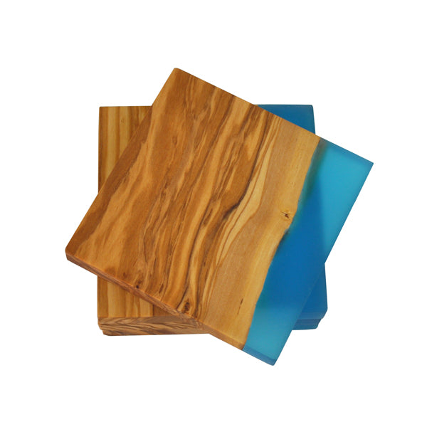 Olive Wood Square Coasters with Blue Resin