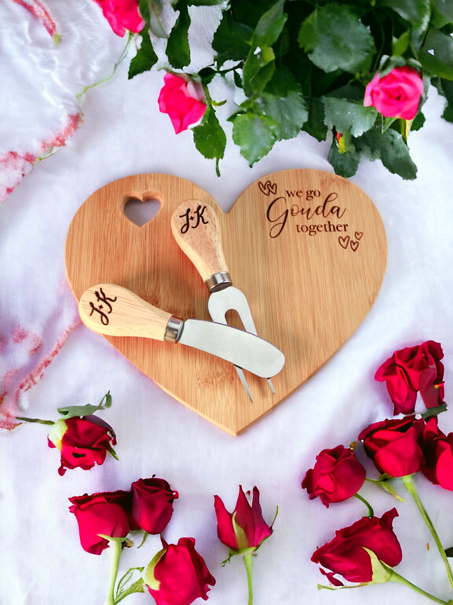 Heart Shaped Engraved Cheese Board Set