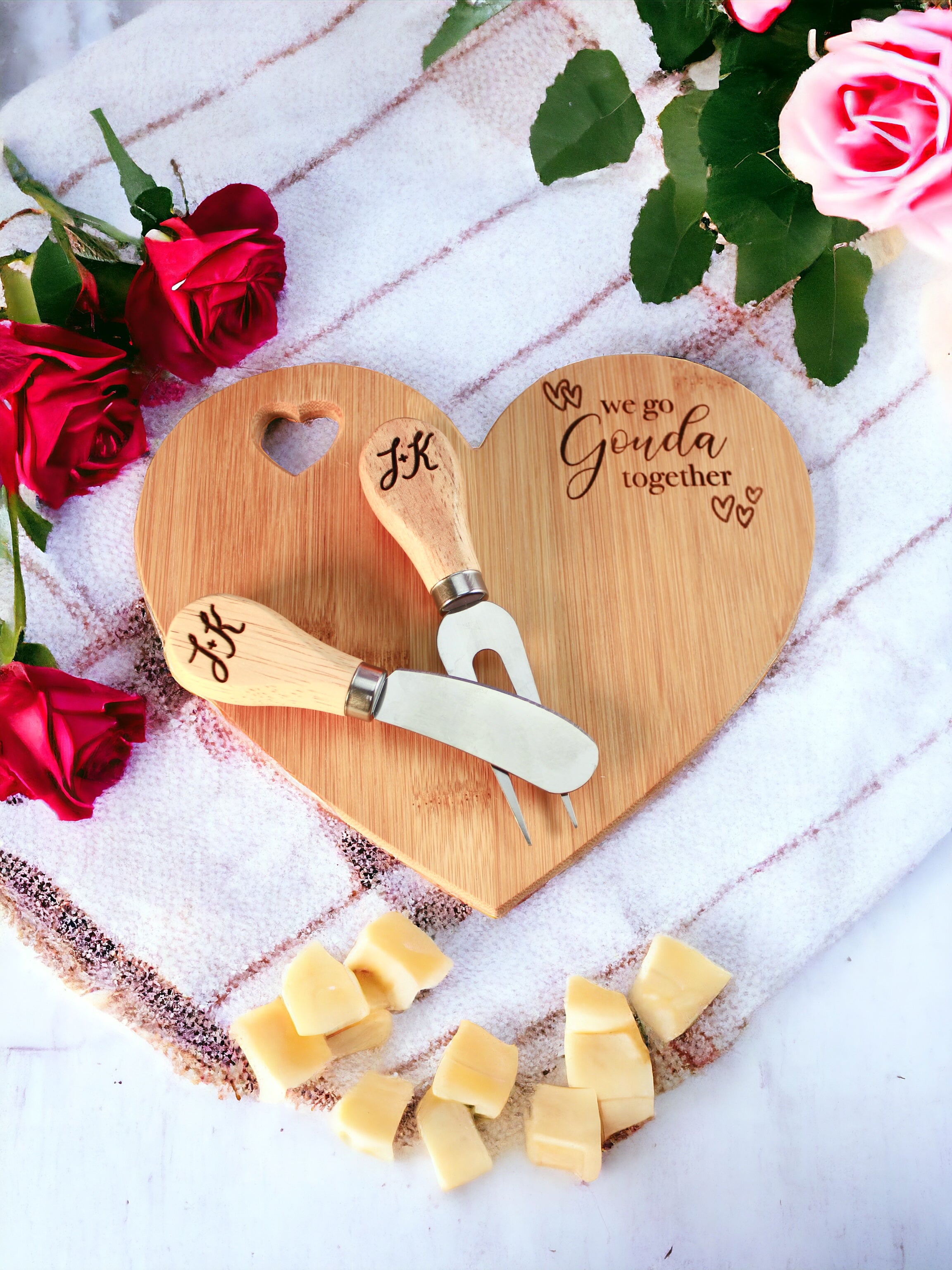Heart Shaped Engraved Cheese Board Set