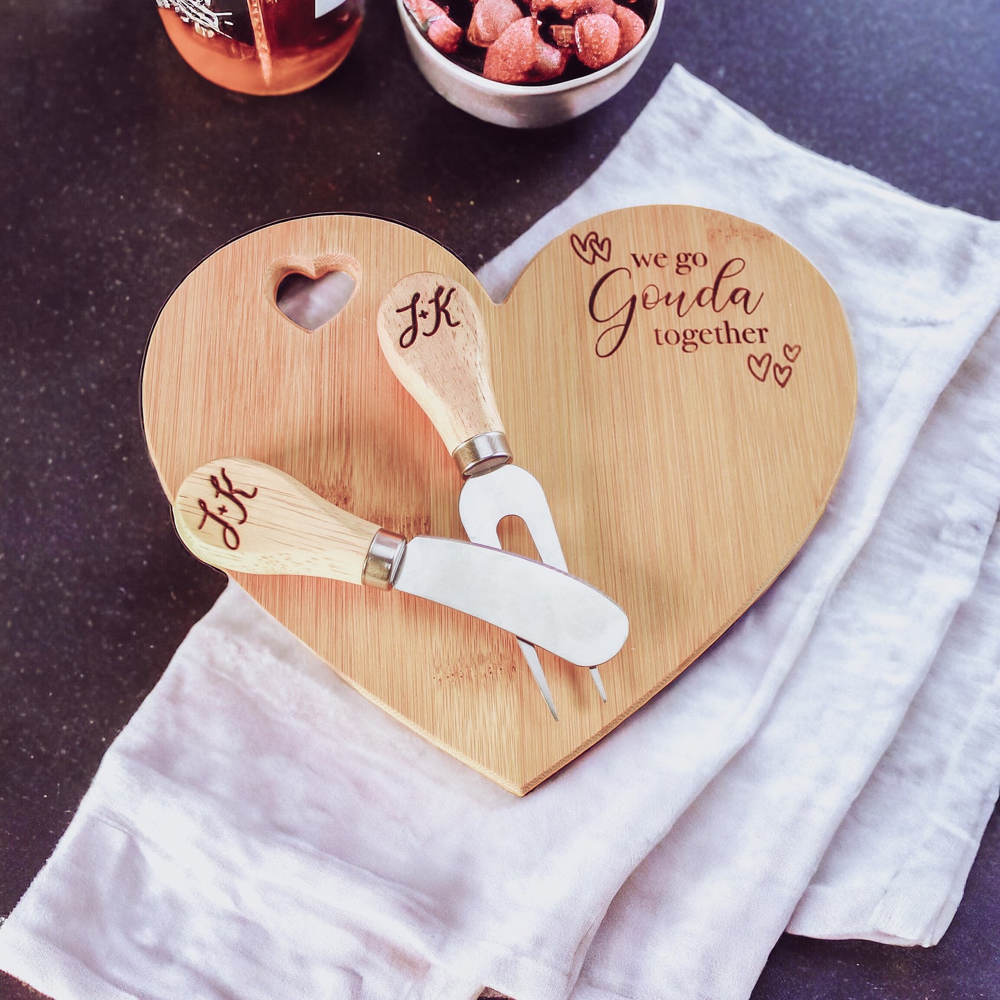Heart Shaped Engraved Cheese Board Set