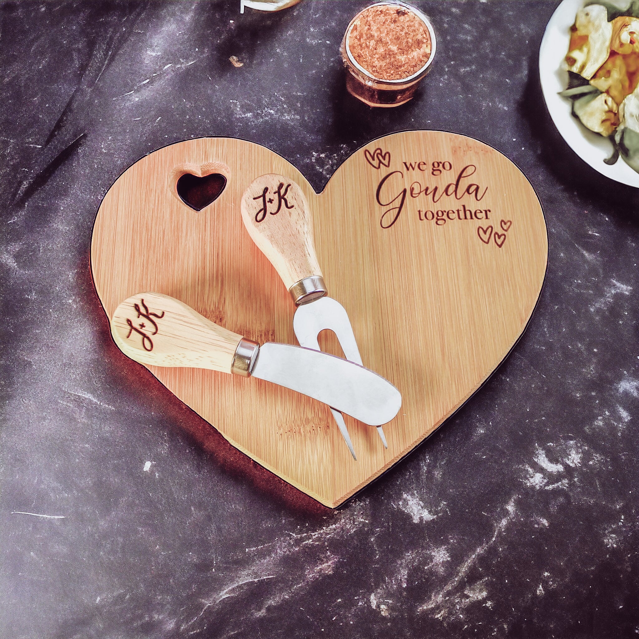 Heart Shaped Engraved Cheese Board Set