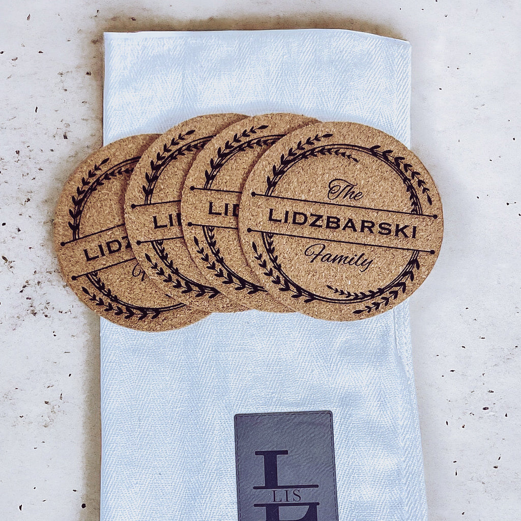 Cork Coasters with Kitchen Towels and Tag - Custom Realtor Gift Set