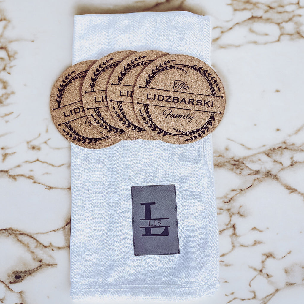 Cork Coasters with Kitchen Towels and Tag - Custom Realtor Gift Set