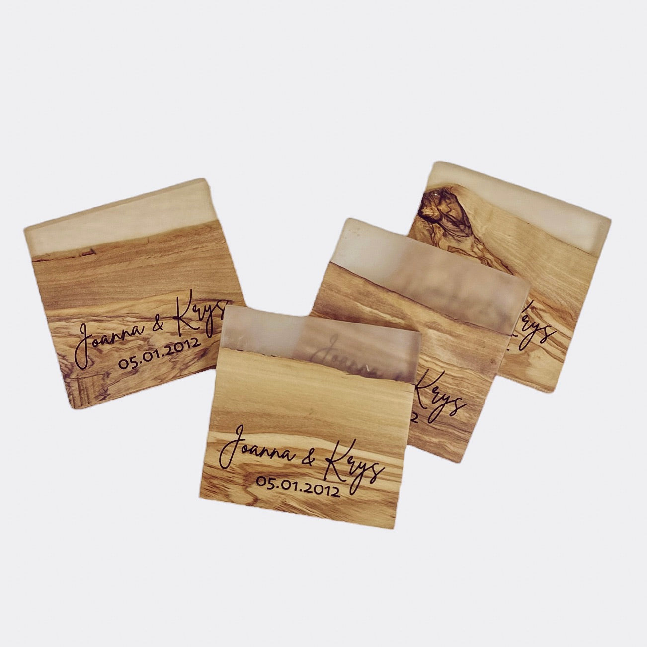 OLIVE WOOD SQUARE COASTERS WITH CLEAR RESIN