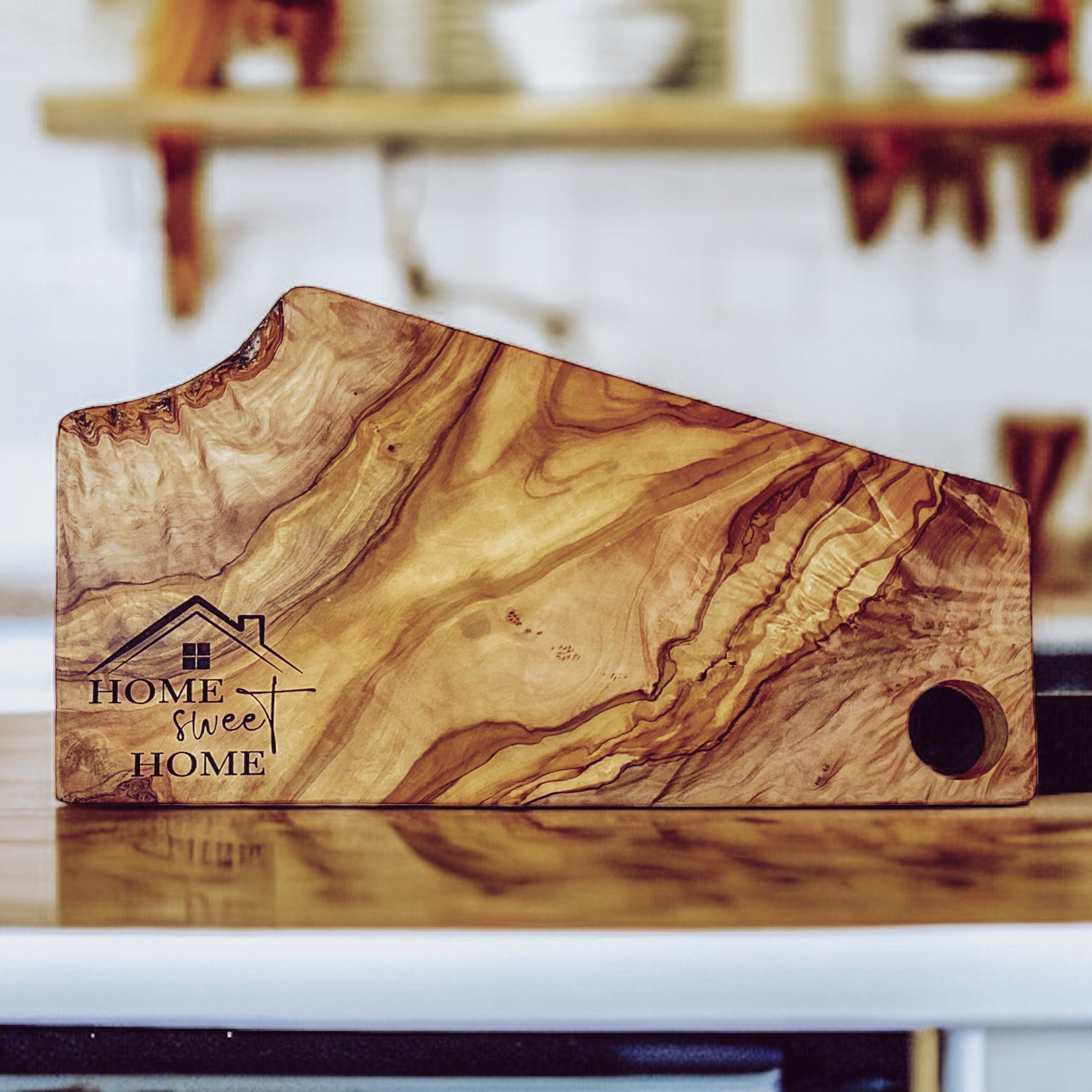 Engraved Olive Wood Charcuterie Board - Live Edge
