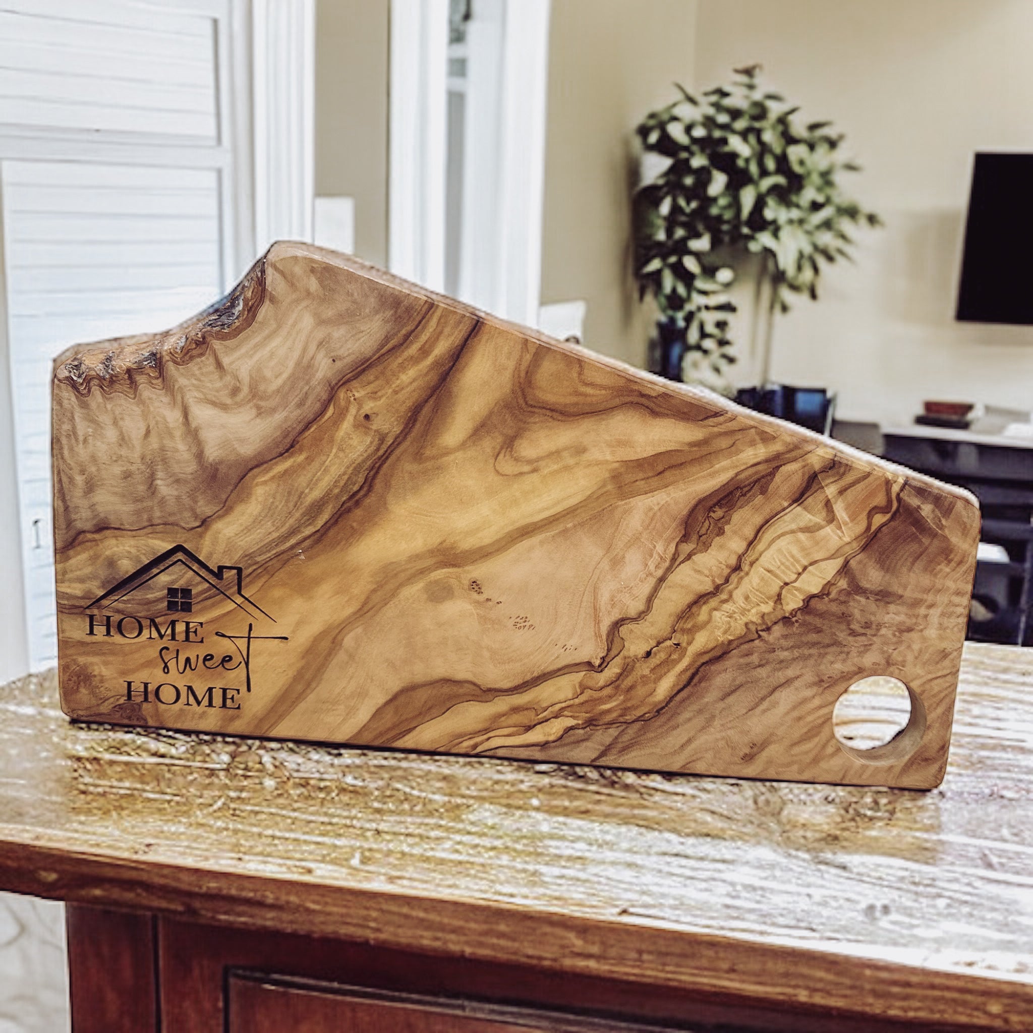 Engraved Olive Wood Charcuterie Board - Live Edge