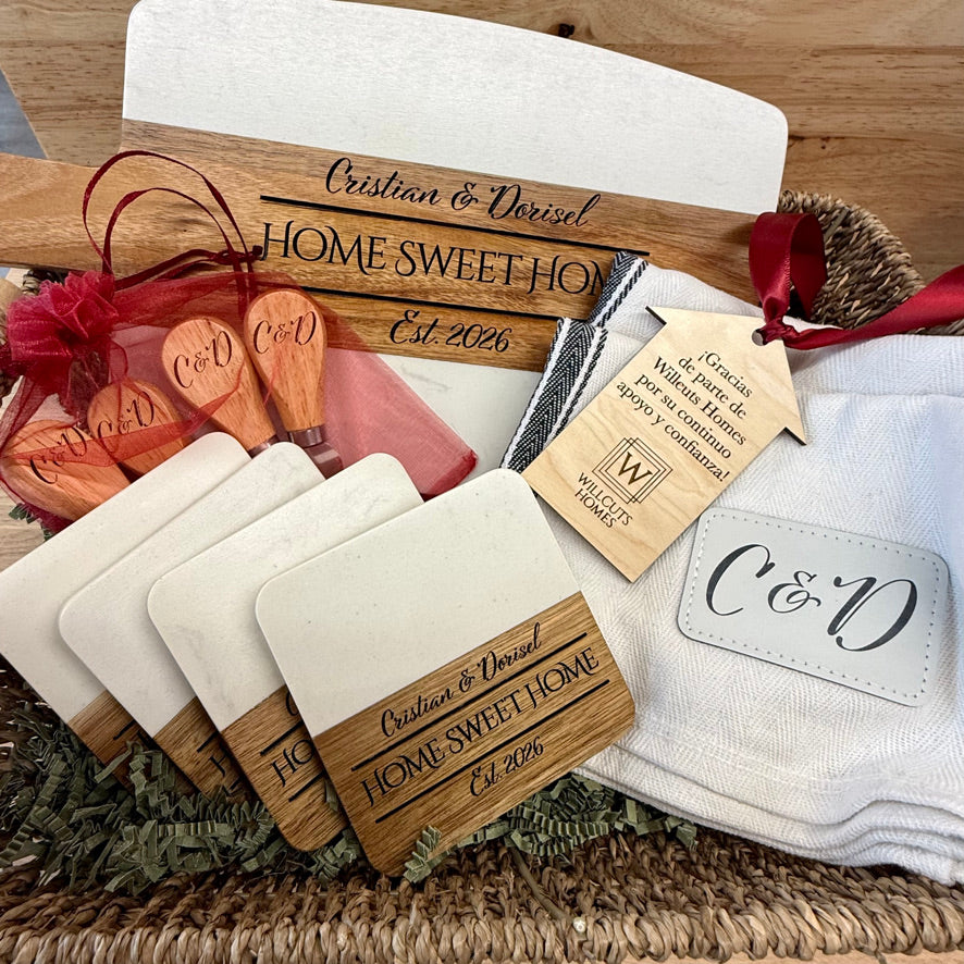 Realtor Gift basket showcasing cutting board, coasters, monogram towels and cheese knives set 