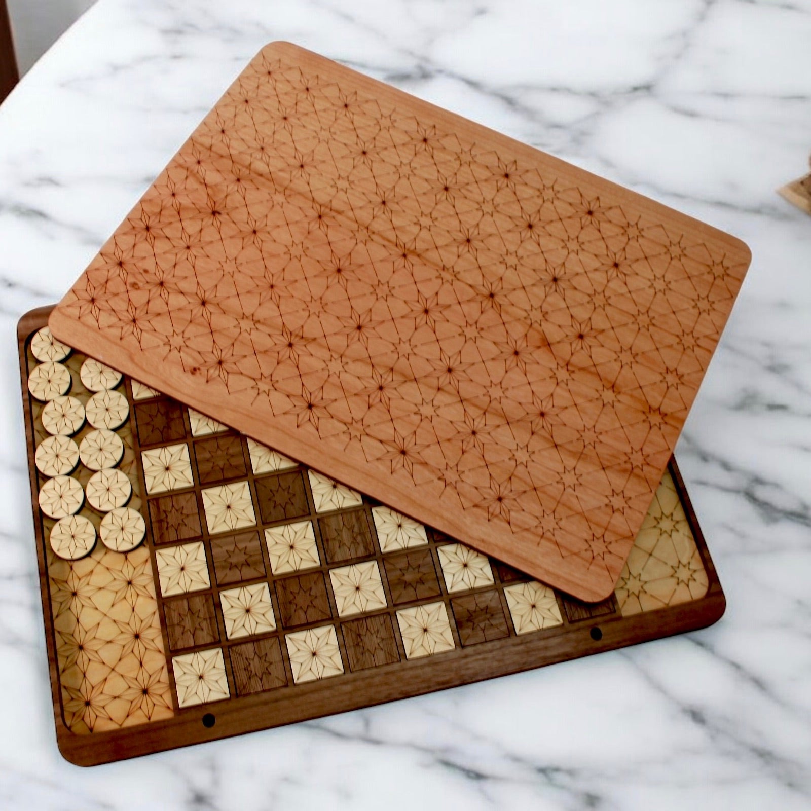 Artisan-crafted wooden Checkers game board with engraved detail and smooth finish.